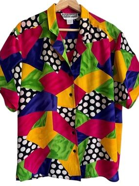 Vintage Pat Argenti Silk Blouse Sz M Abstract Polka Dot Colorblock 80s 90s Artsy